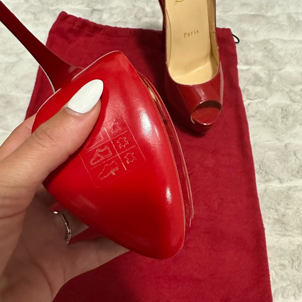 Christian Louboutin Glossy Red Peep-Toe Heels - Picture 5 of 7